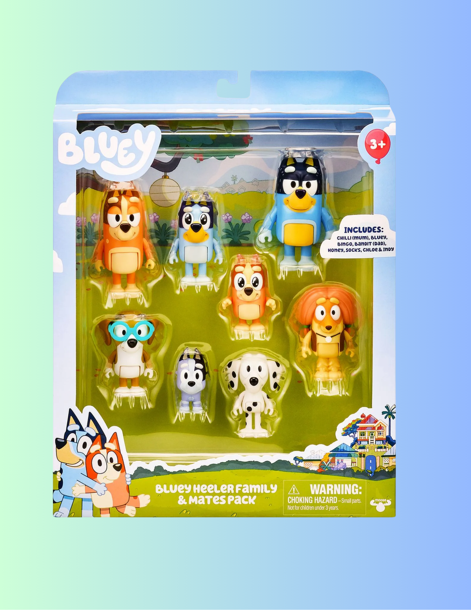 Bluey's Family and Friends - 8 Pack - 2.5-3" Bluey, Bingo, Chilli (Mum) and Dad (Bandit), Honey, Socks, Chloe and Indy Figures